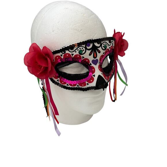 Day of the Dead Painted Mask Roses Sequins Ribbons OS - Picture 2 of 8